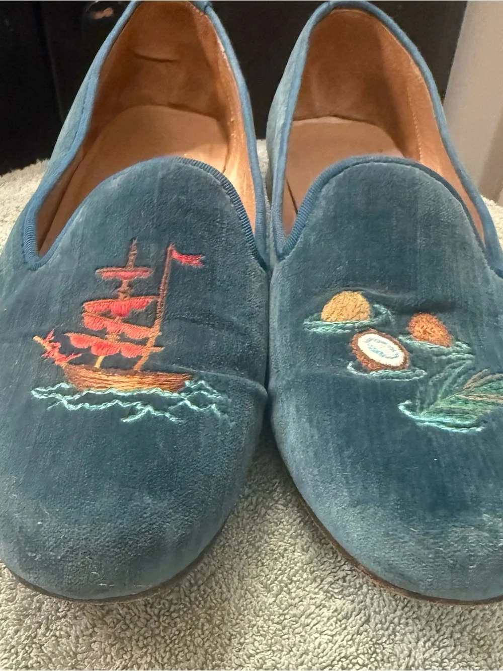 Stubbs & Wootton Blue Velvet Embroidered Smoking Loafers Men’s 9.5 Made Spain